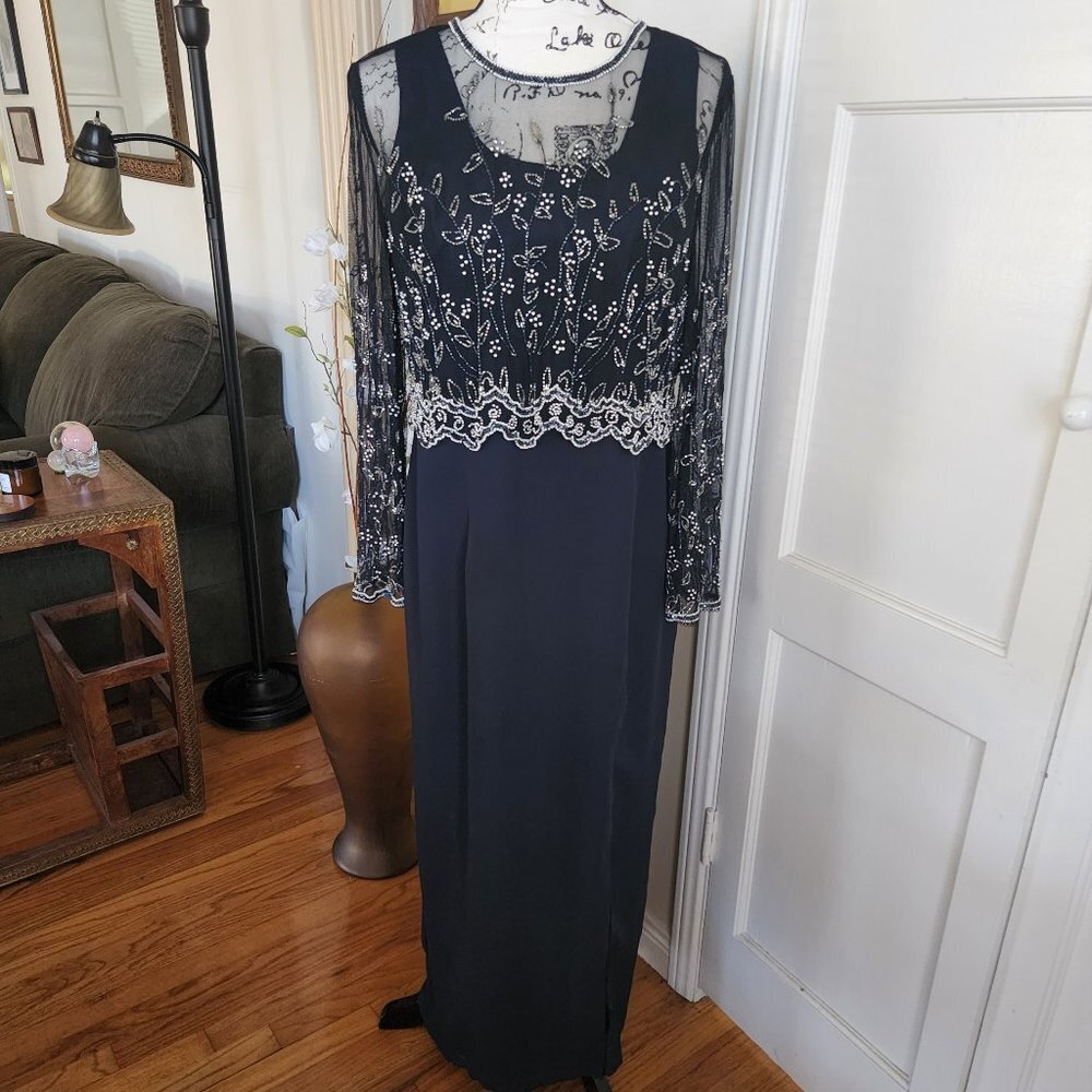 Stenay Vintage Navy Blue Evening Dress with Beaded, Shear Jacket Sz 12